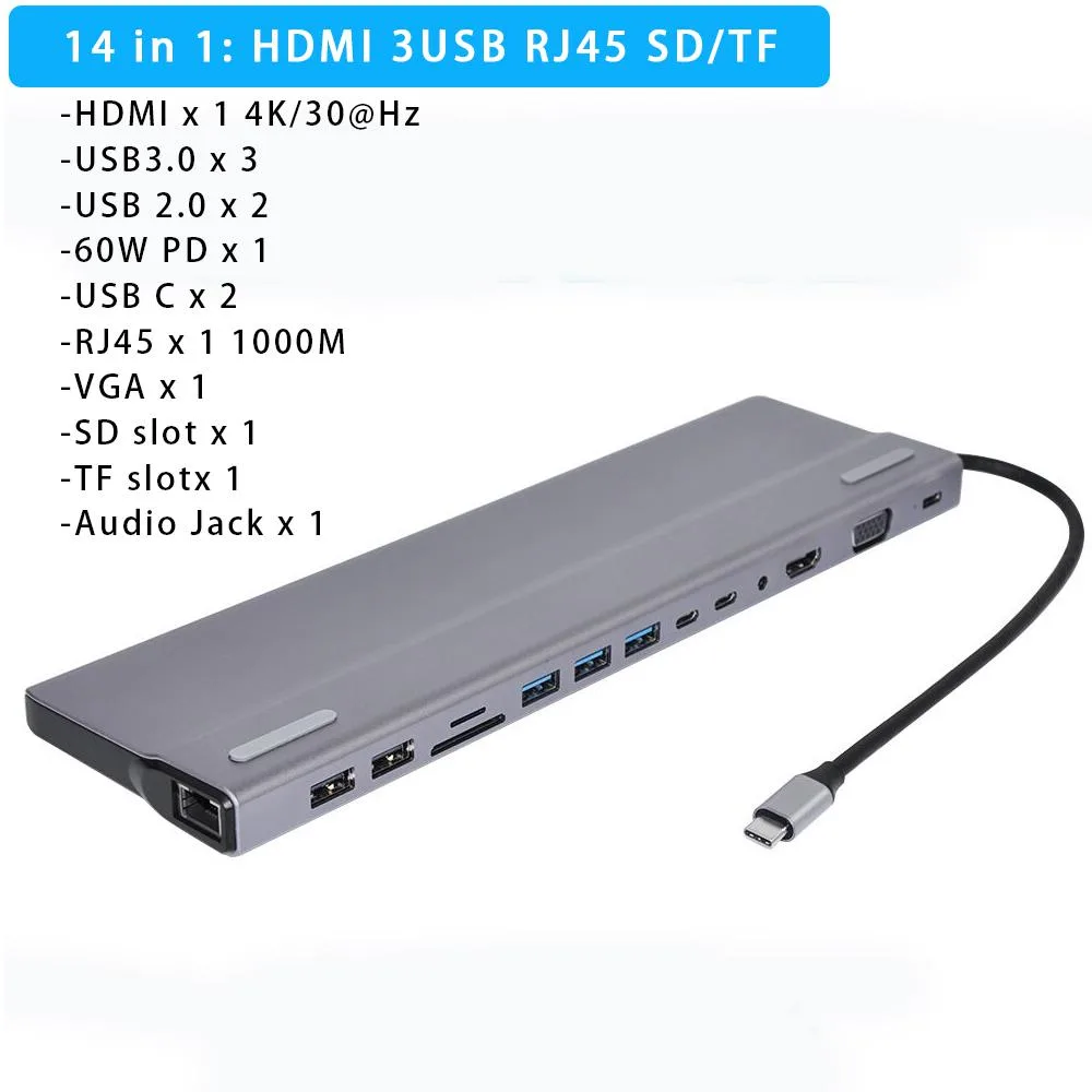 LUOM LUOM DS14IN1 14-in-1 USB-C Dual Display Hub HDMI DisplayPort PD3.0 5 USB SD TF Silver — product photo
