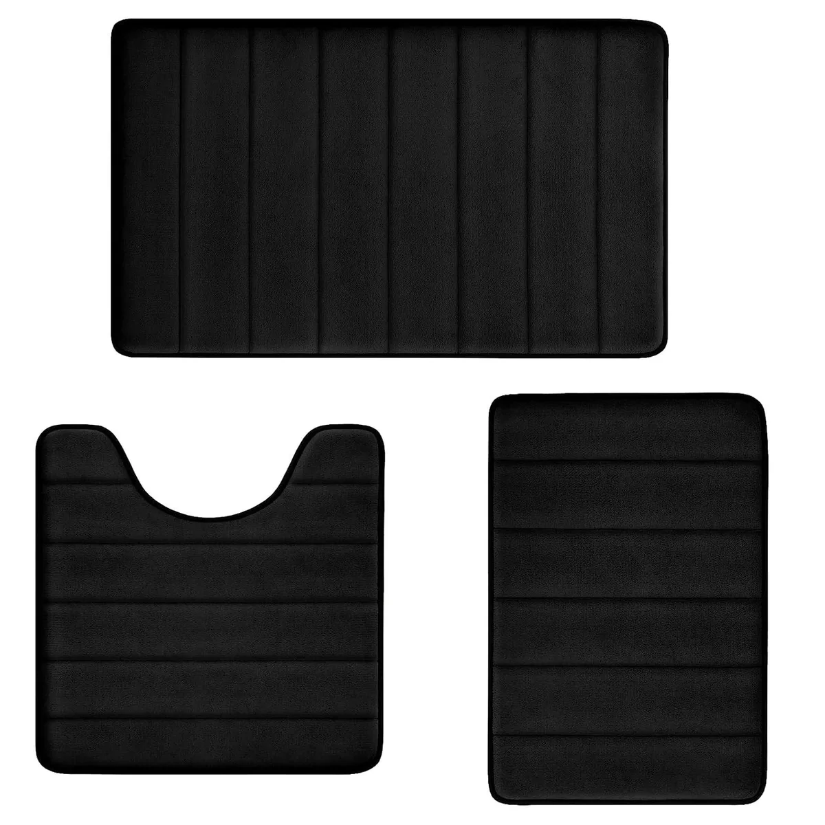 Three black rectangular bath mats with plush shaggy surface and U-shaped toilet contour mat