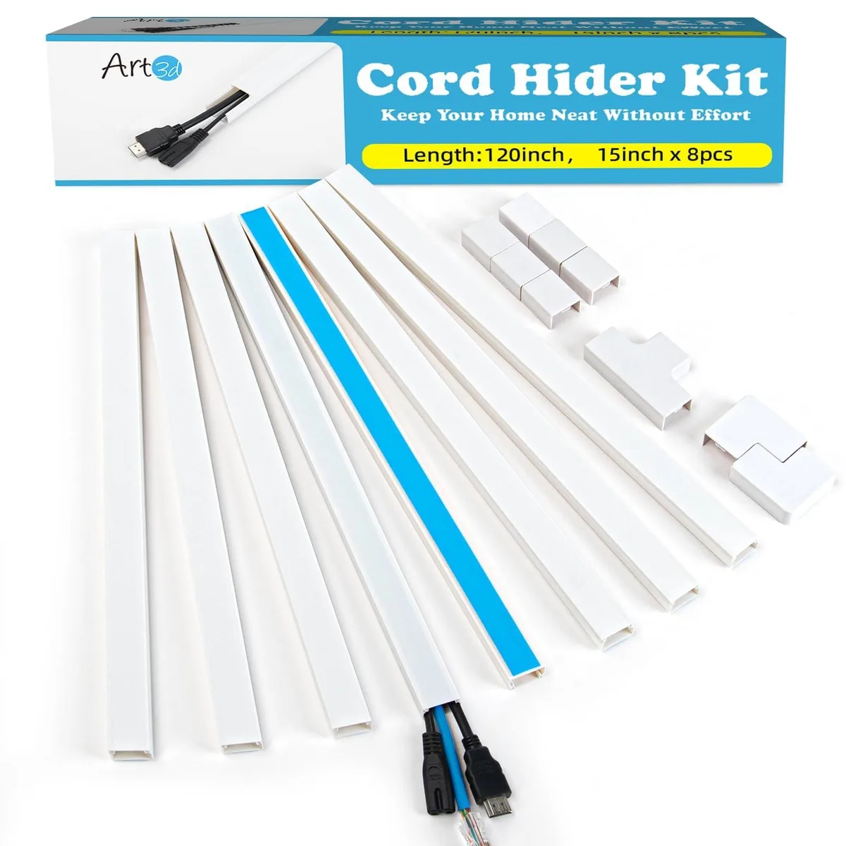 Eight white self-adhesive cable raceway channels with couplings, elbows and T-fitting, total 120 inches