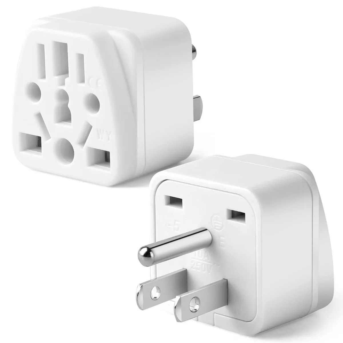 Two compact white three-prong US travel plug adapters