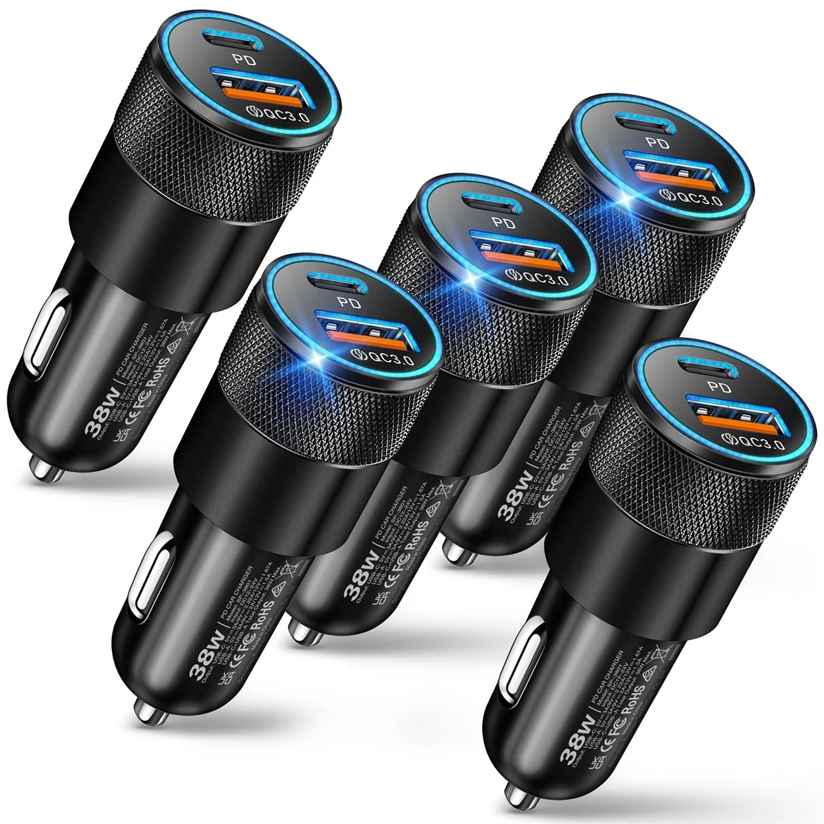 Five compact dual-port car chargers, black flush-fit bodies with USB-C and USB-A sockets, LED indicator ring