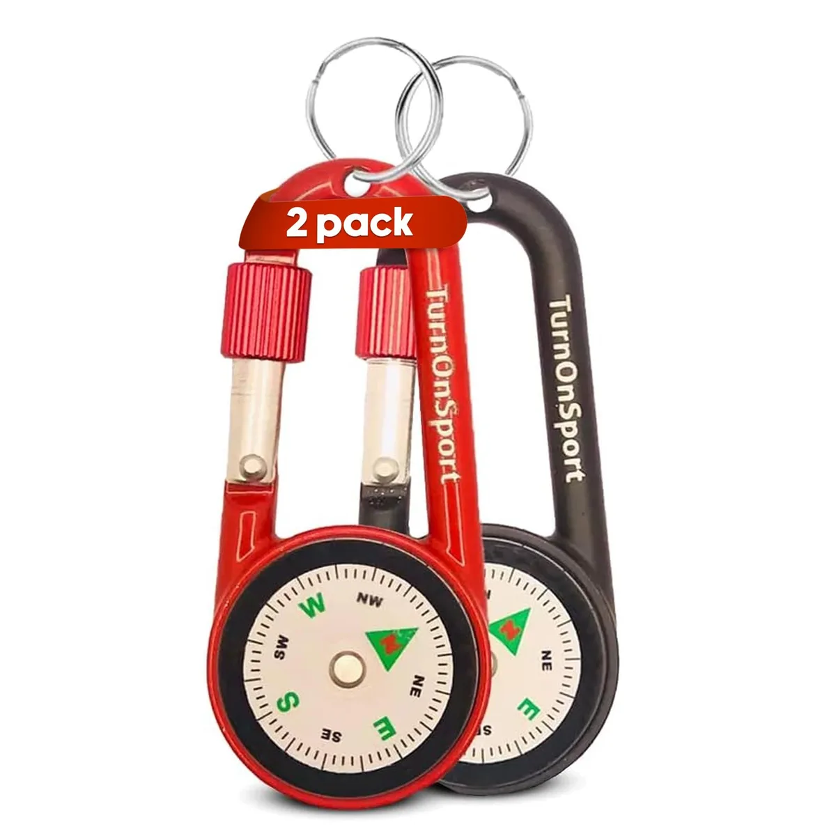 Two small grey aluminium compass keychains with carabiner clips and twist locks