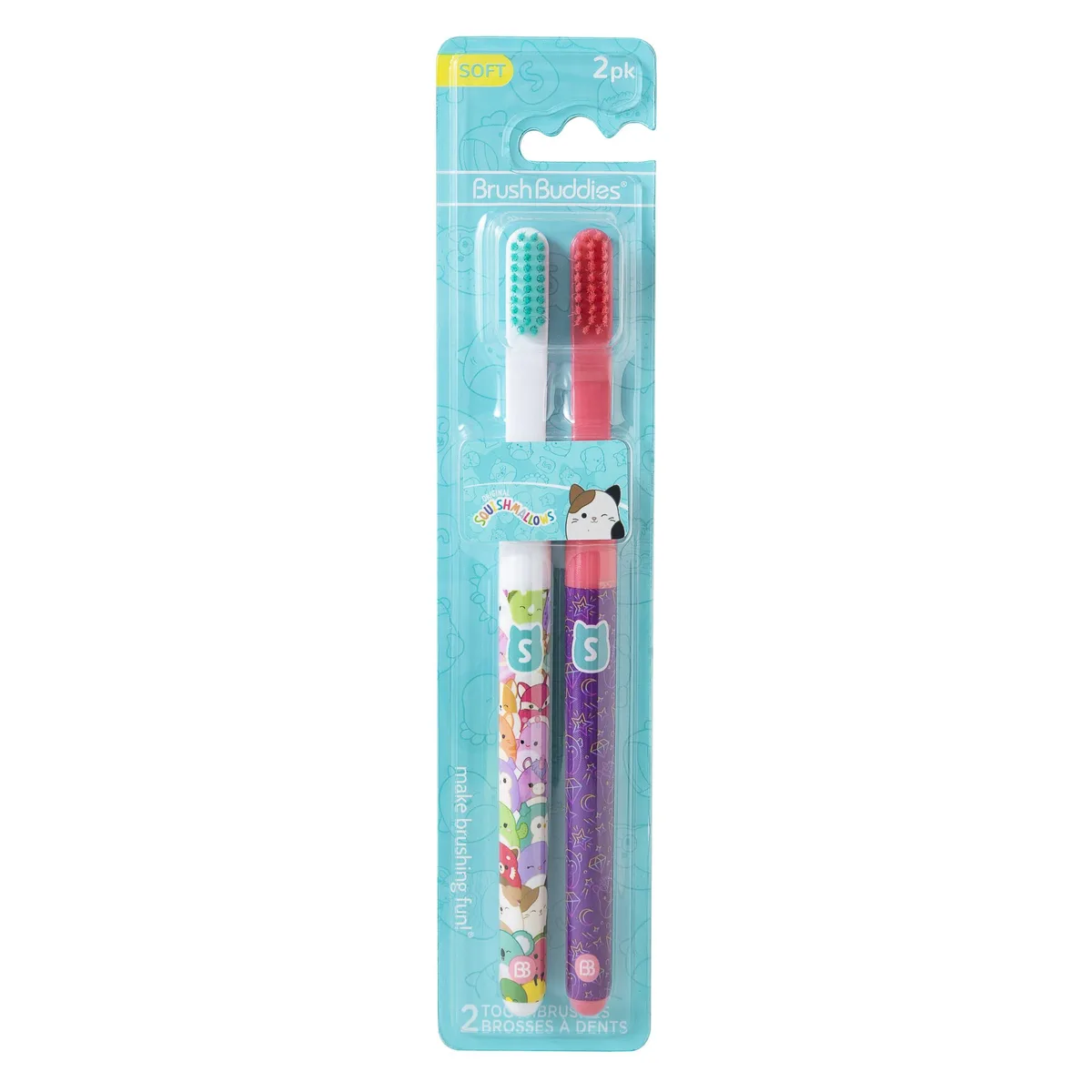 Two white manual toothbrushes with Squishmallows character handles and built-in tongue scrapers