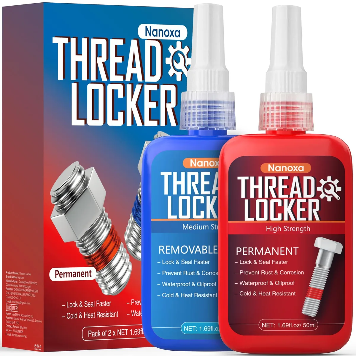 Two 50 ml thread-lock bottles, blue and red, in a plastic kit