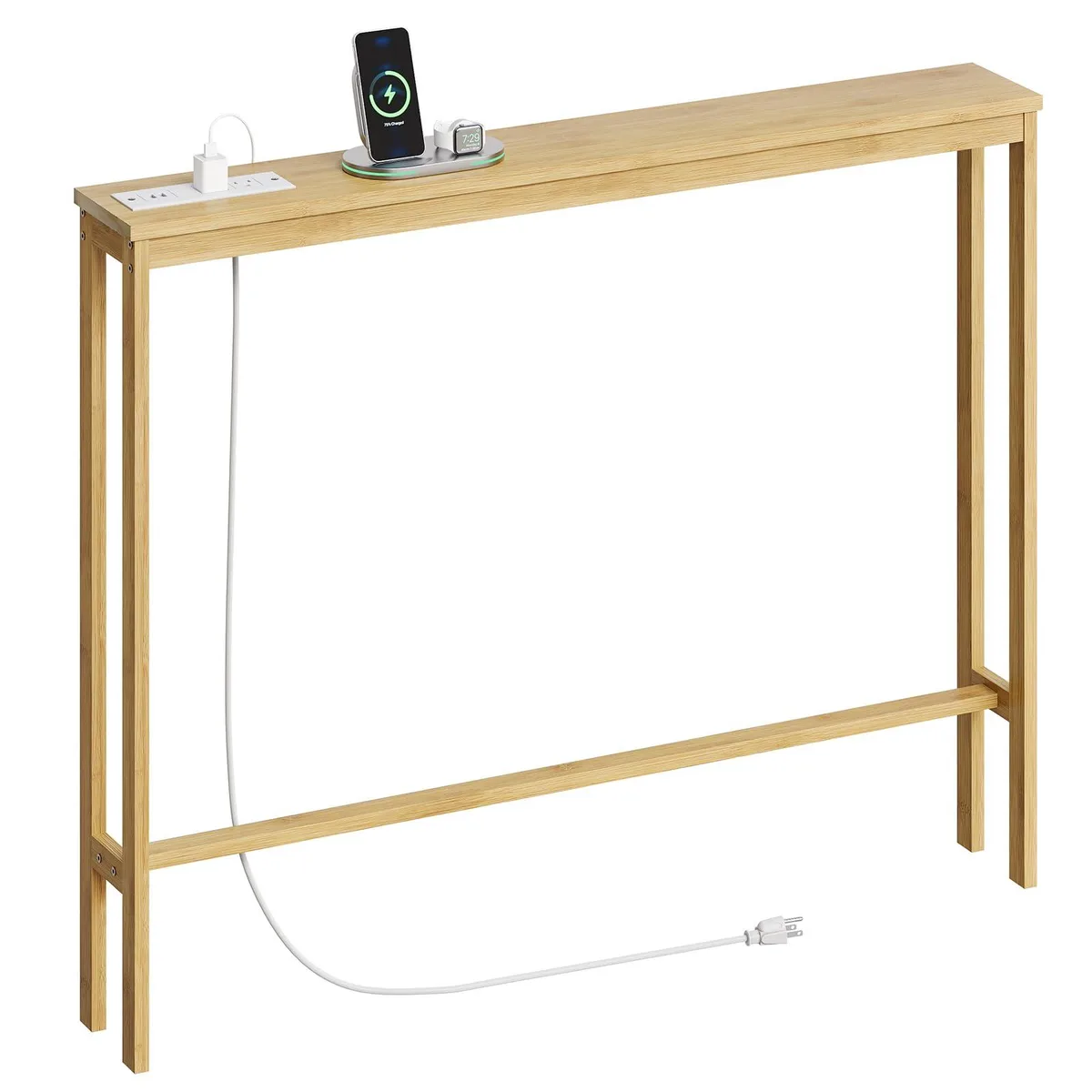 Narrow black bamboo console table with integrated power outlets and USB ports