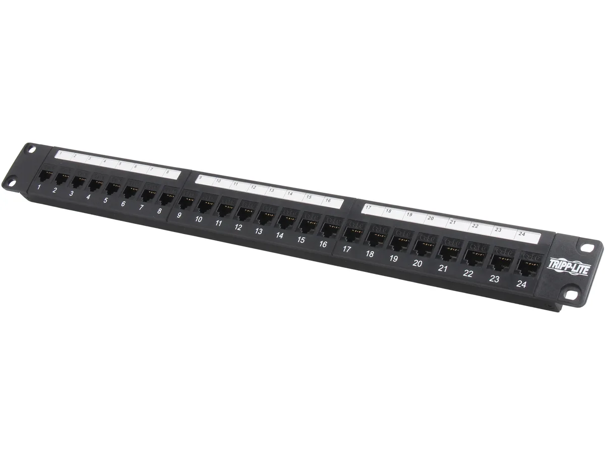 Black 1U steel patch panel with 24 front RJ45 ports and rear feed-through jacks, cable bar included