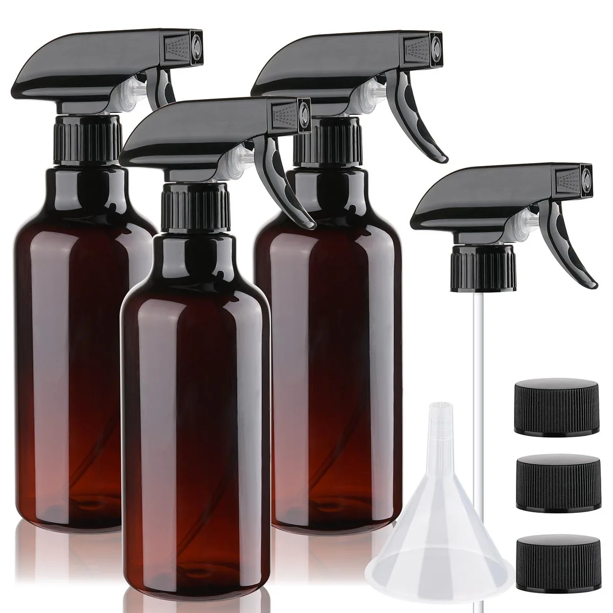 Three clear plastic spray bottles with adjustable nozzles and caps, 10oz each