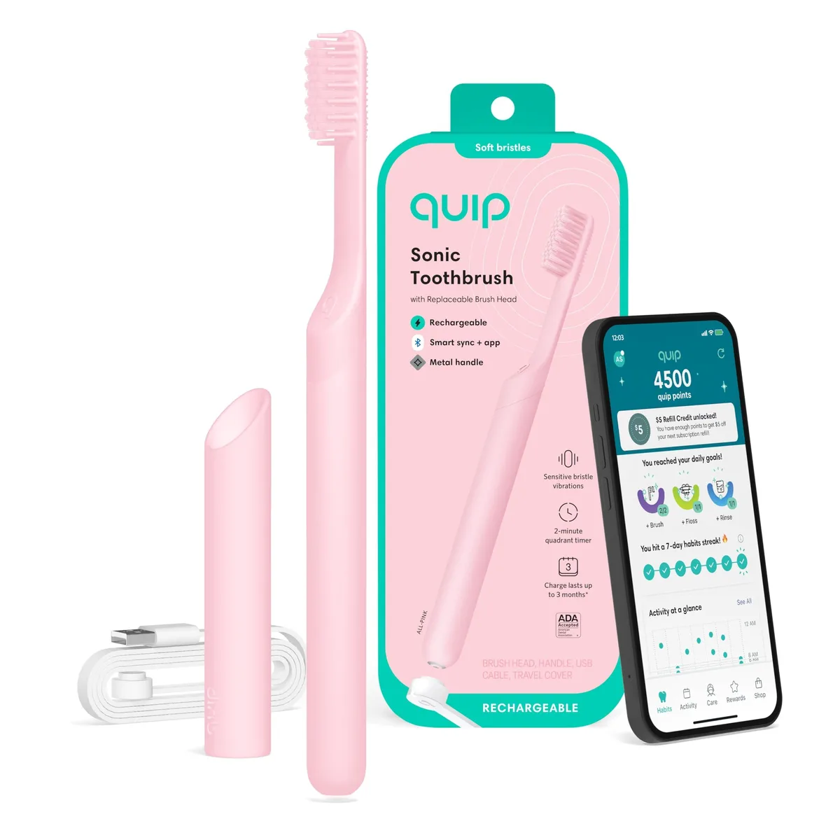Pink rechargeable sonic toothbrush with metal handle and travel case