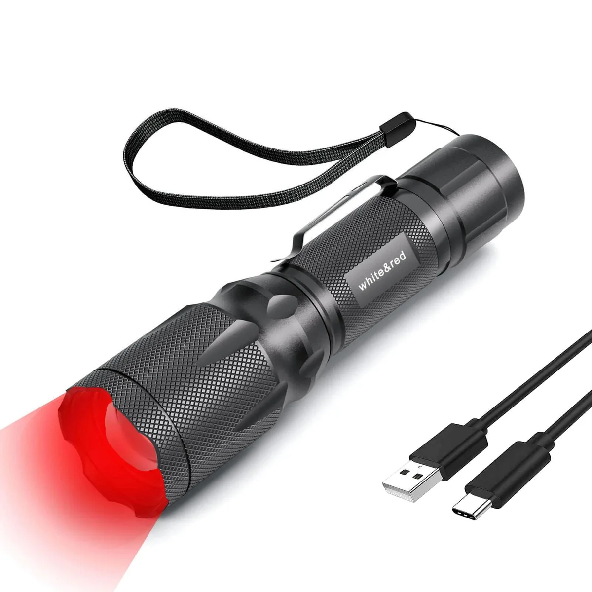 Compact red anodised aluminium flashlight with pocket clip and USB-C port