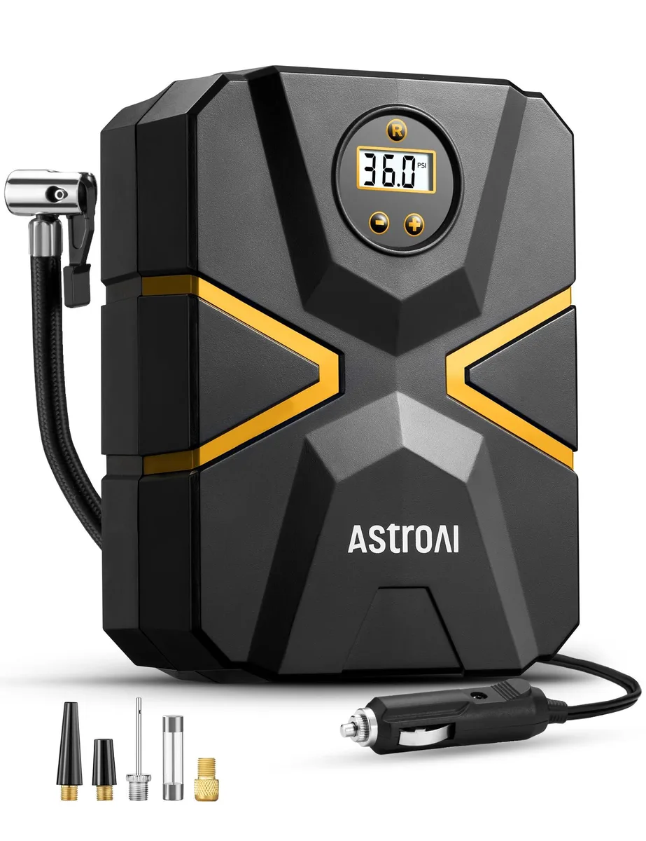 Compact black 12 V tire inflator with digital screen, coiled hose and cigarette-lighter plug