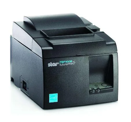 Compact black receipt printer, rectangular shape, smooth matte finish