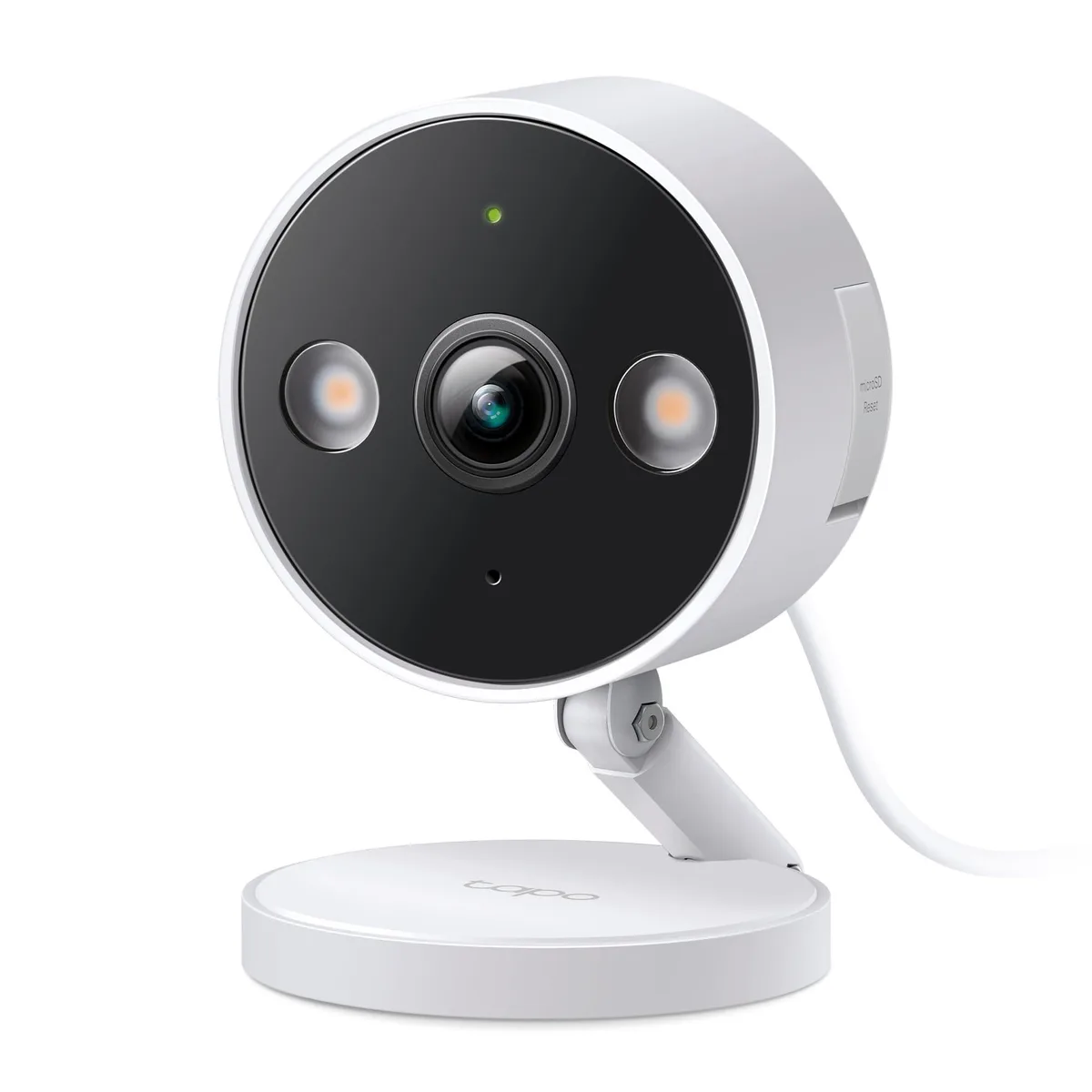 Compact white security camera with magnetic base and dual spotlights