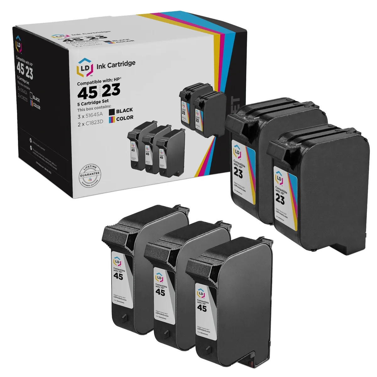 LD Products LD Products HP 45 &amp; 23 Ink Cartridge 5-Pack (3 Black, 2 Tri-Color) — product photo
