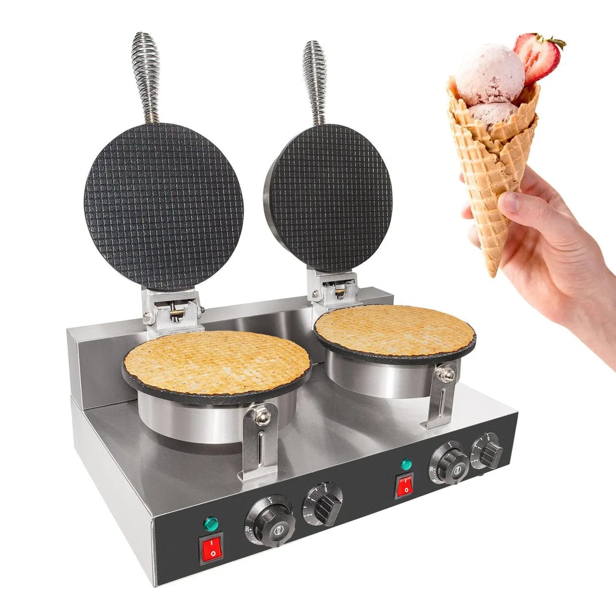 Stainless steel double waffle cone maker with two nonstick plates, 20.0 by 12.5 by 10.5 inches