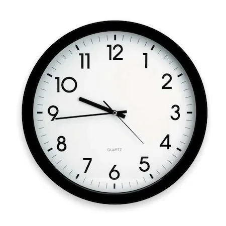 Black 15 in round analog quartz wall clock with white face and glass lens