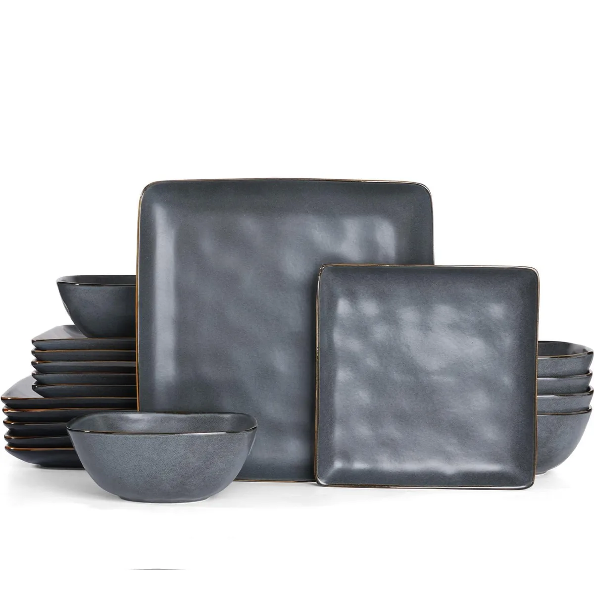 Square matte dark charcoal stoneware dinner set, eighteen pieces, reactive glaze finish