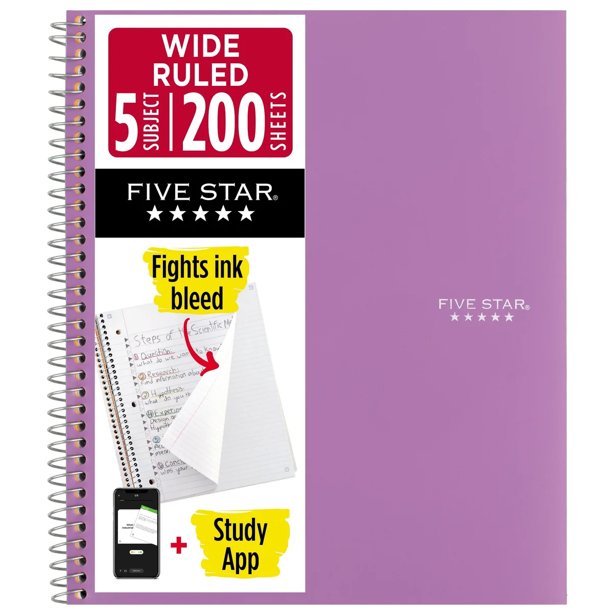 FIVE STAR FIVE STAR 5 Subject Wide Ruled Spiral Notebook 8 x 10.5 Amethyst Purple 200 Sheets 1.91 lb — product photo