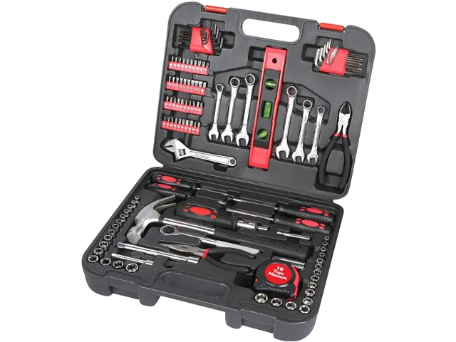 Red plastic case containing 119-piece hand tool set with sockets and ratchets