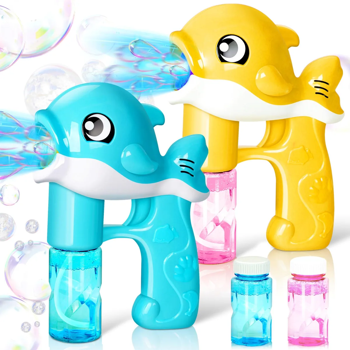 Two whale-shaped bubble guns with LED lights, four refill bottles in orange and purple