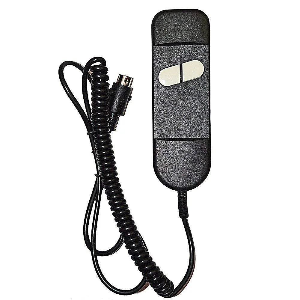 Black plastic two-button hand control with coiled cord and 90-degree 5-pin plug