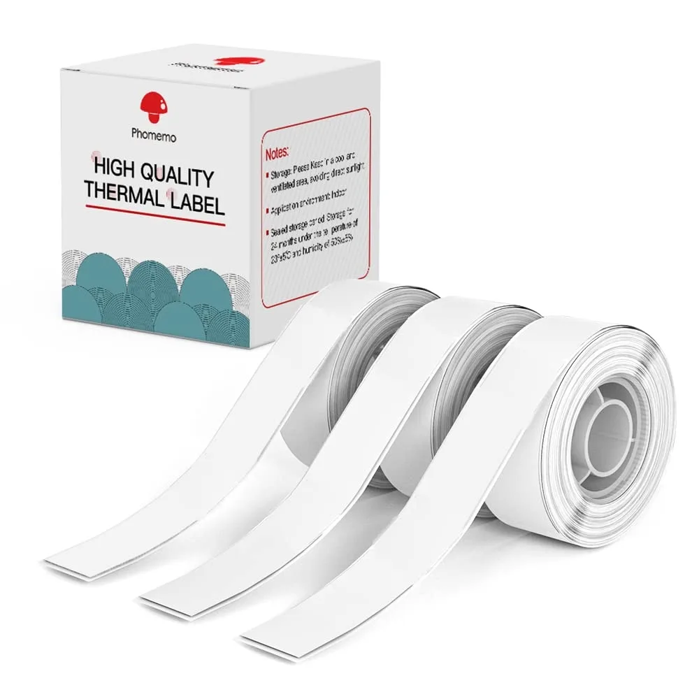 Three rolls of white thermal label tape in a multi-color pack