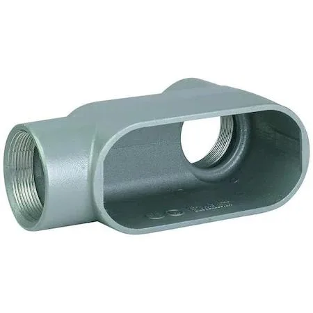 Gray powder-coated iron LB conduit outlet body with threaded 90-degree hubs