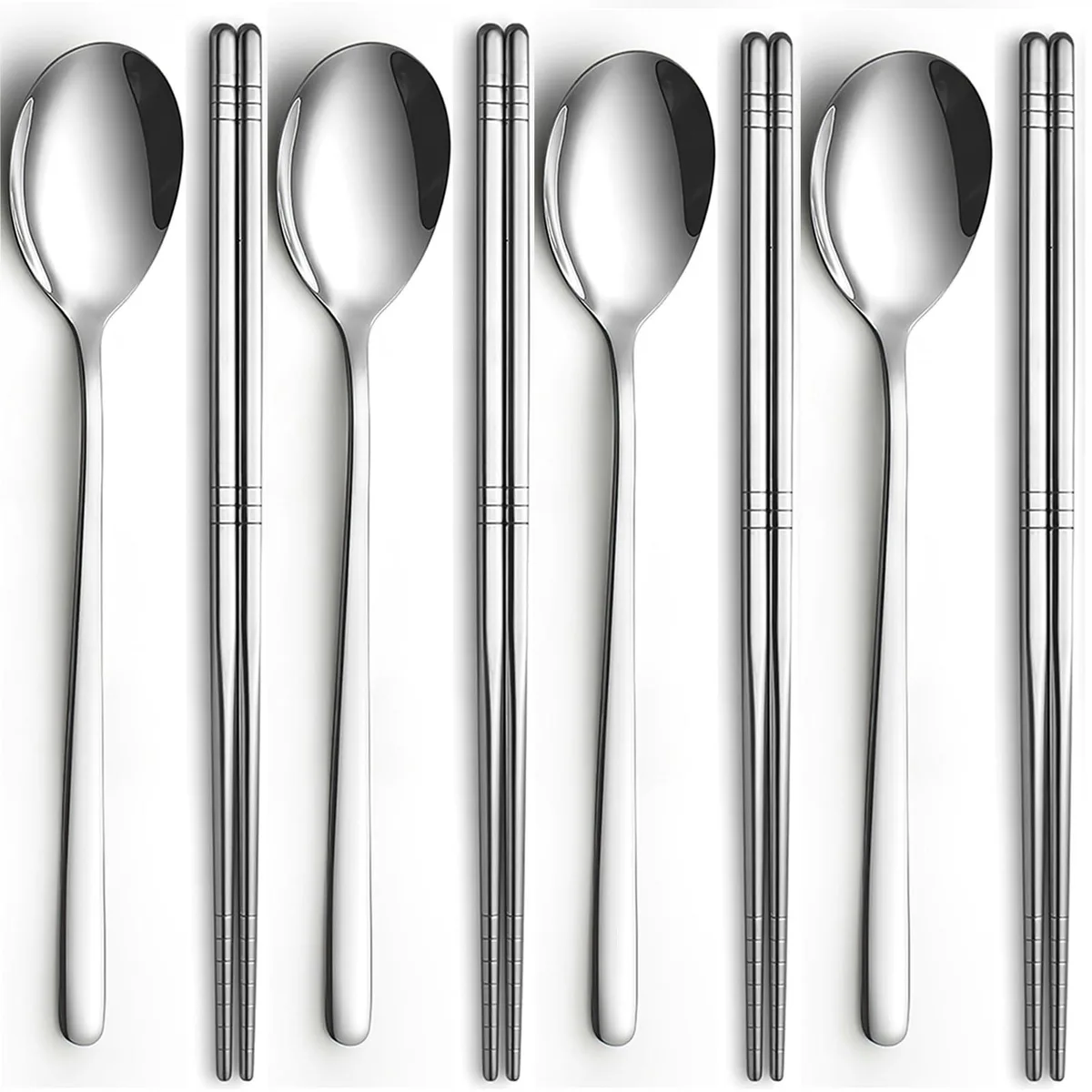 Black stainless steel Korean chopsticks and spoons set, four pairs, flat square handles, mirror finish, 225 mm length