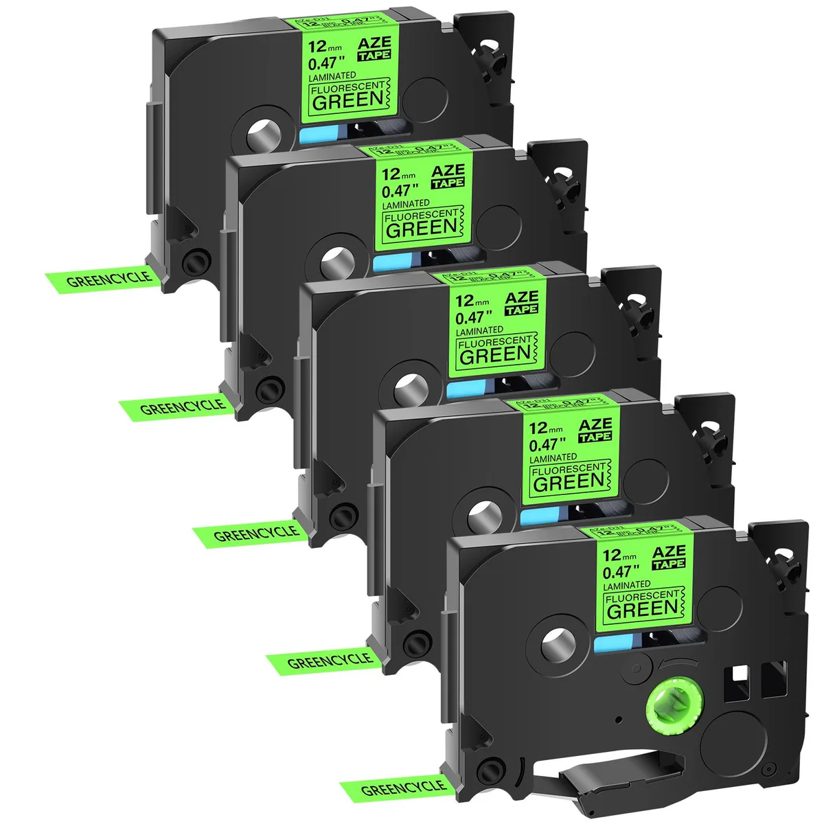 GREENCYCLE GREENCYCLE AZE-D31 12mm 16.4ft 5 Pack Fluorescent Green Labels — product photo