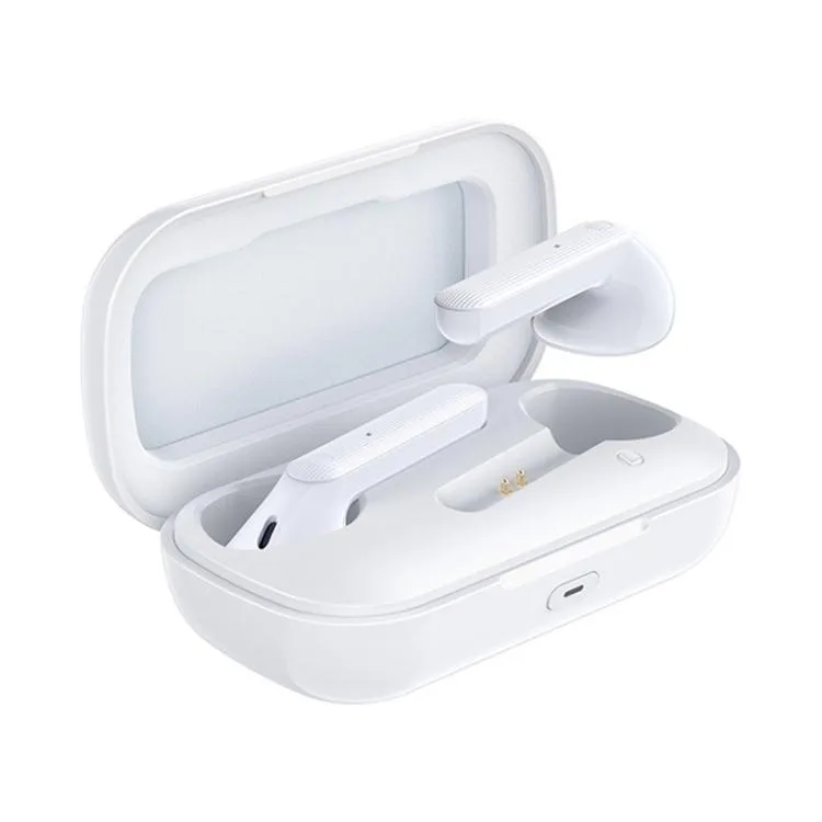 White true wireless earbuds in compact charging case, smooth ABS finish