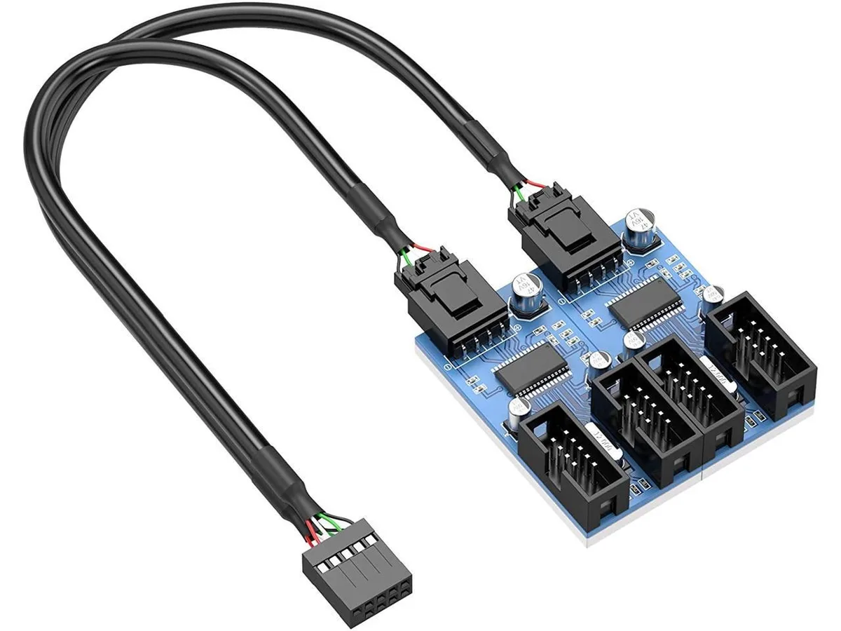 Black 9-pin USB 2.0 header splitter cable with one male and four female connectors
