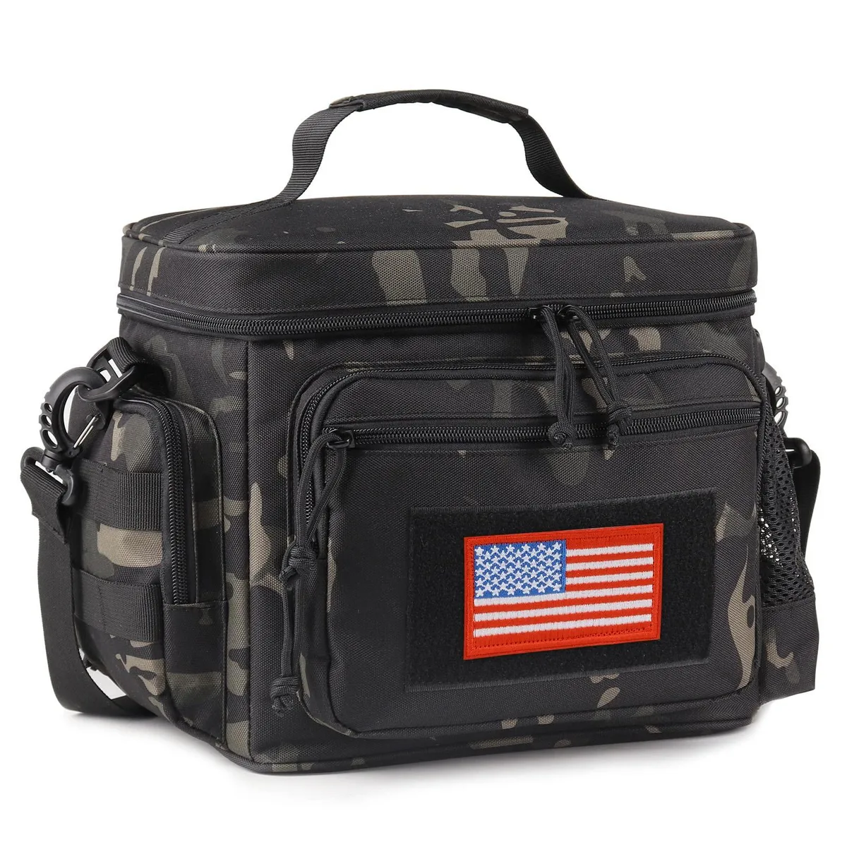 Tactical lunch bag in camo-black with MOLLE webbing, adjustable strap and multiple pockets