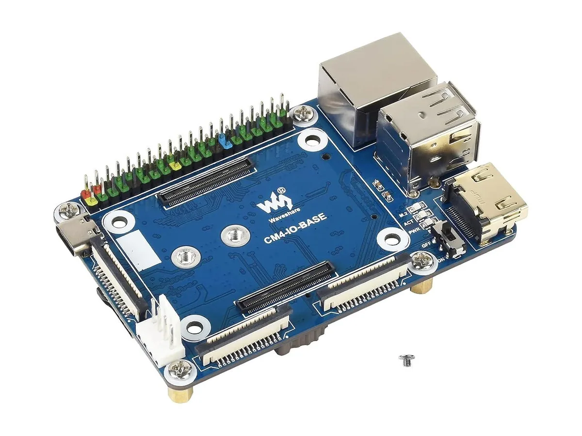 Compact green development board with CM4 socket, colour-coded 40-pin GPIO header, HDMI, USB, RJ45, CSI, DSI, fan, microSD and M.2 slots