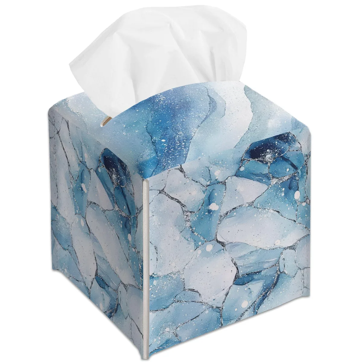 Square leather tissue box cover with blue marble texture, 5.2 inches each side, Velcro closure