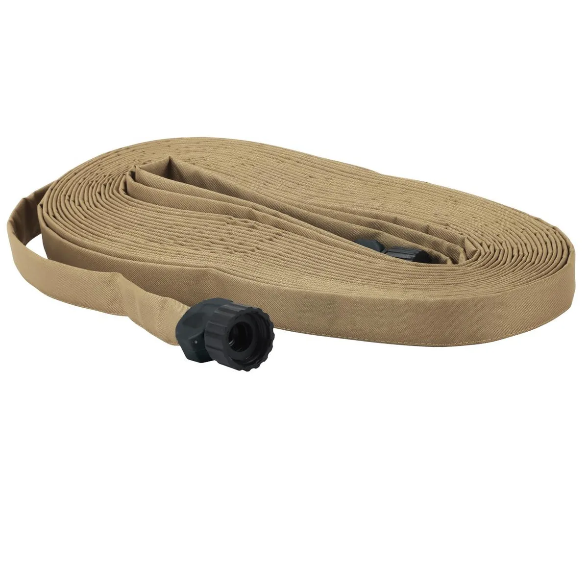 Black and green flat soaker hose coiled, 50 feet long