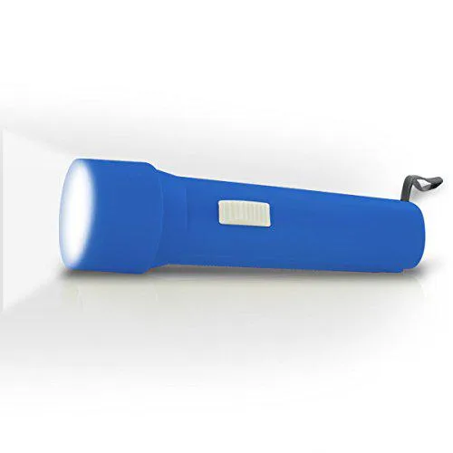 Blue ribbed cylindrical flashlight with wrist strap, slide switch on side