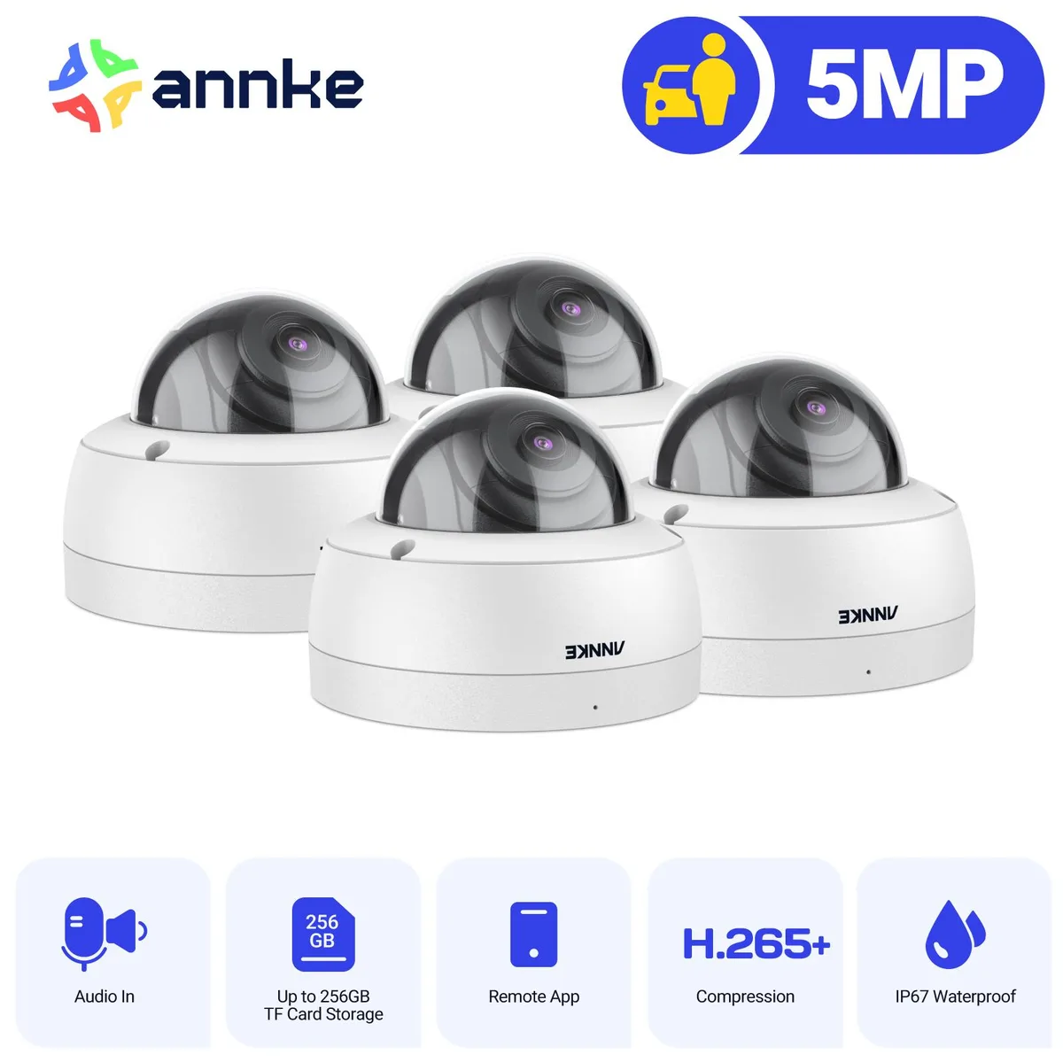Annke Annke 4-Pack Dome 5MP PoE IP Camera System 100ft EXIR 2.0 Night Vision 120dB WDR 256GB TF Card IP67 — product photo