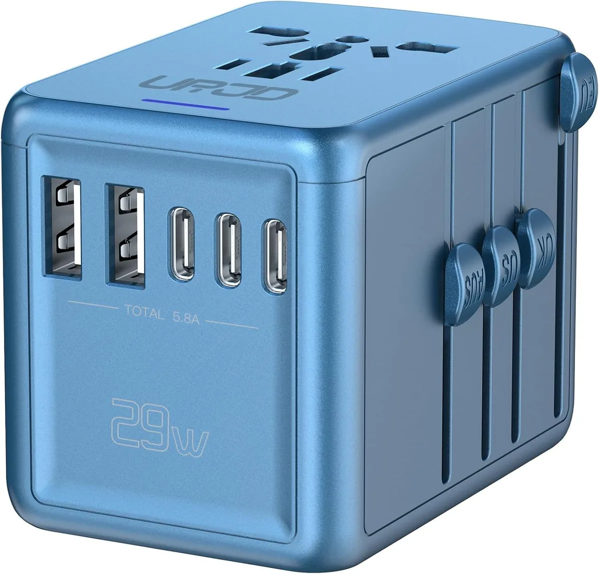 BFKK BFKK straight blade plug Blue 5.8A 3×3.0A USB-C 2×2.4A USB-A — product photo