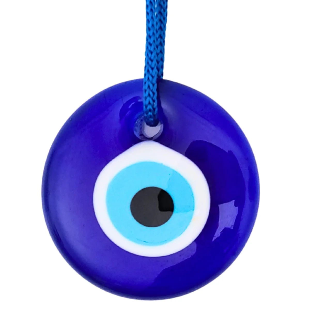 Two small round blue glass evil-eye beads in black vinyl frames, sold as a pair