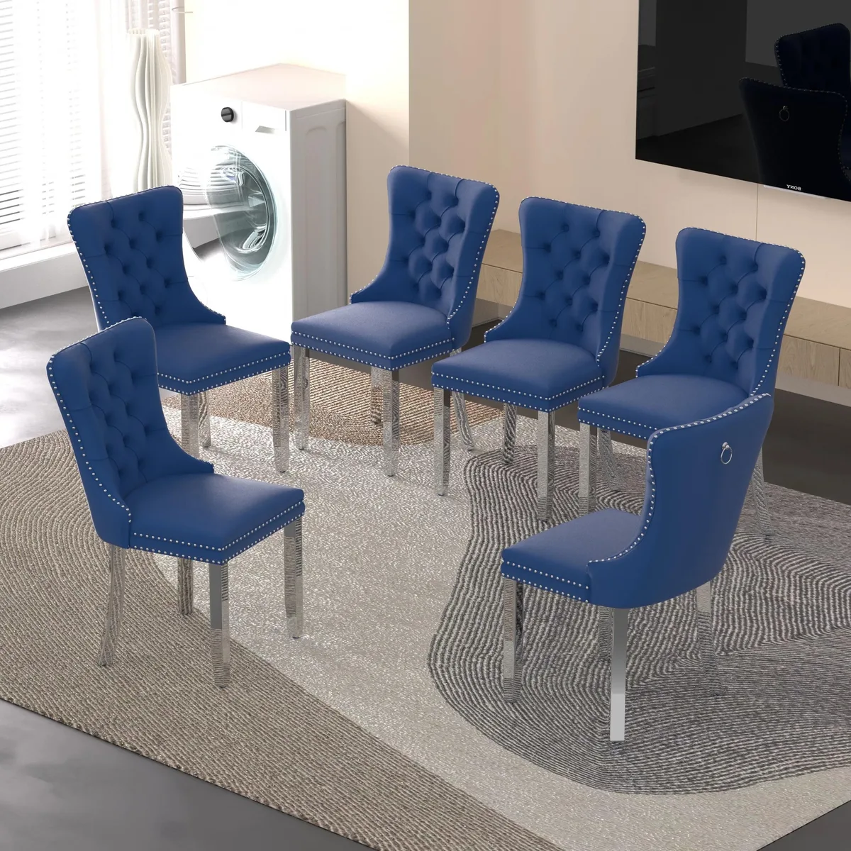 Sumdeal Sumdeal Velvet Dining Chairs Set of 6 Blue with Silver Legs — product photo