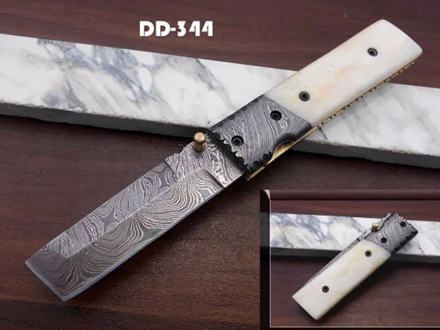 Damascus Depot Damascus Depot Tanto Folding Knife 3.5" Camel Bone White — product photo