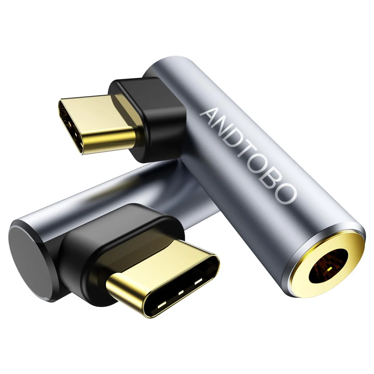 Two right-angled USB-C to 3.5mm audio dongles with glossy finish