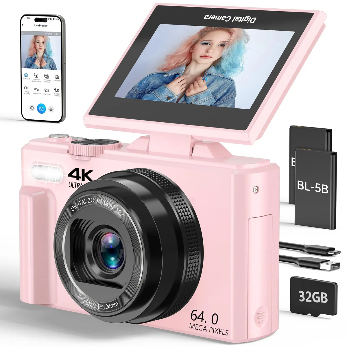  VJIANGER W08 64MP 4K Point &amp; Shoot Camera Light Pink — product photo