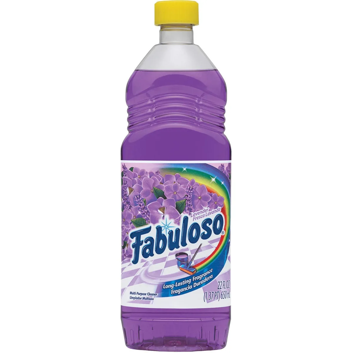 White plastic bottle with purple cap and lavender label reading Fabuloso 22 oz all purpose cleaner