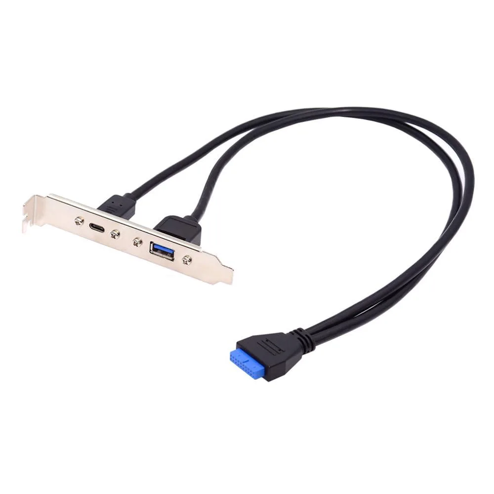A 50 cm cable with a 19 or 20 pin motherboard connector leading to one USB-C and two USB-A ports on a PCI bracket
