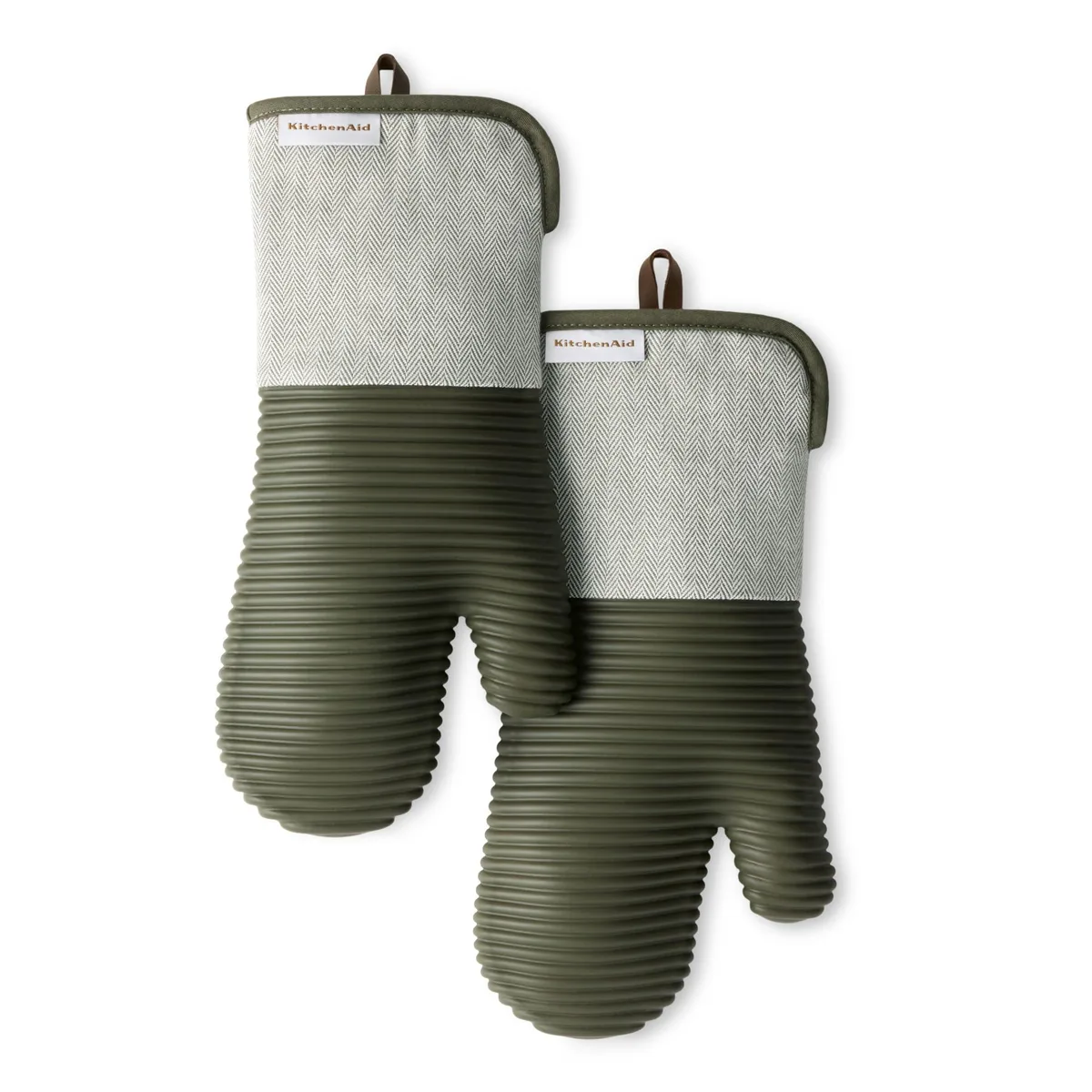 Pair of Deep Forest Green silicone oven mitts with herringbone ribbed texture and brown vegan leather hanging loops