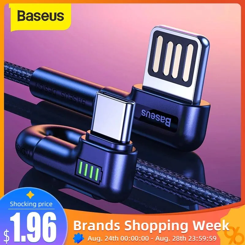 Hetai Tech USB-C right-angle braided cable with green LED, 10 mm elbow, 90° connector, velcro strap