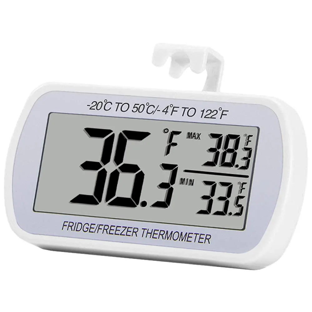 White digital refrigerator thermometer with large LCD display, magnetic back, hook and stand