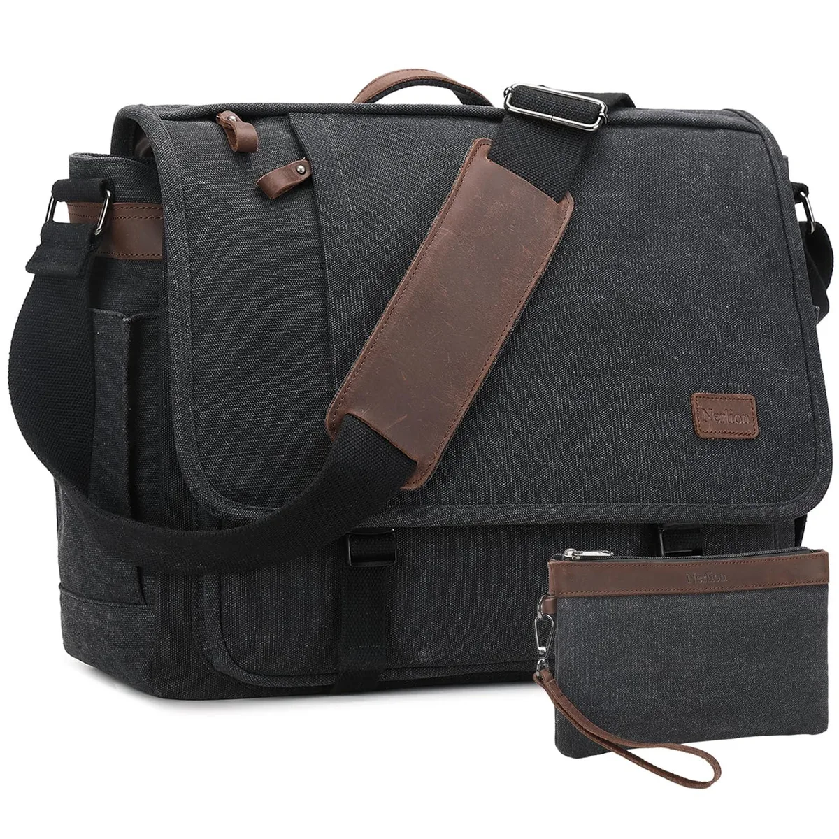 Dark gray canvas messenger bag with adjustable shoulder strap and top handle