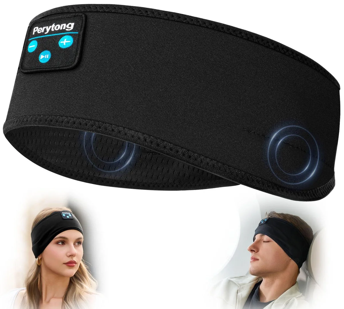 White fabric headband with built-in flat speakers and control module