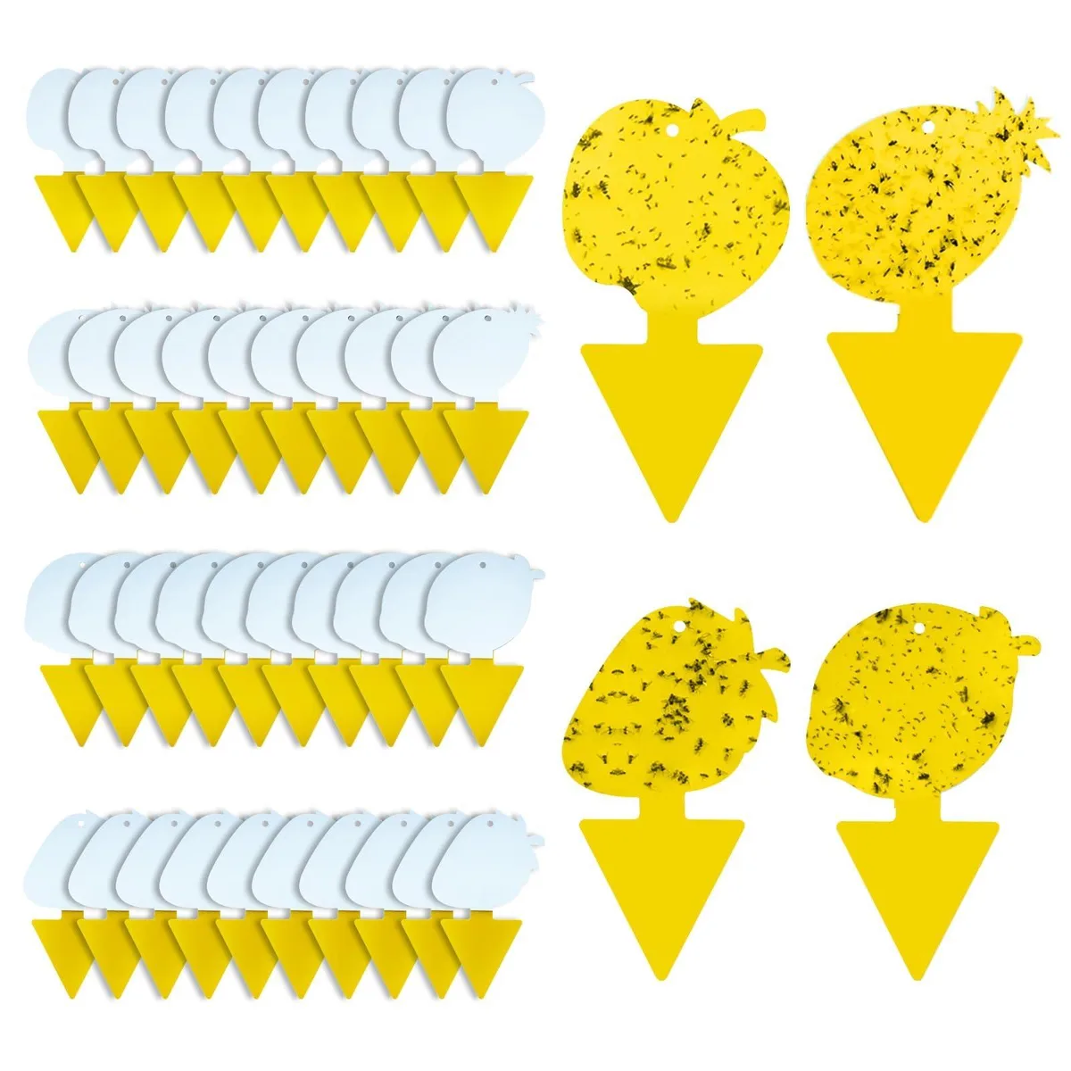 Forty yellow leaf-shaped sticky traps on wires